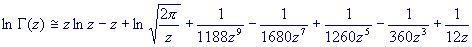 lnG(z) = z*ln(z)-z+ln(sqrt(2pi)/z)+1/1188z^9-1/1680z^7+1/1260z^5-1/360z^3+1/12z
