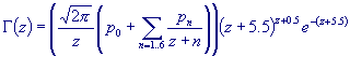 Gamma(z)=(sqrt(2pi)/z*(p0+Sigma(n=1,6)(pn/(z+n))))(z+5.5)^(z+0.5)*exp(-z-5.5)