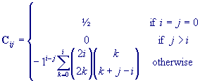 C(i,j) = 0.5 if i=j=0; 0 if j>i; -1^(i-j)*Sigma(k=0..i)Comb(2i,2k)*Comb(k,k+j-i) otherwise