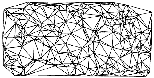Триангуляция Делоне для 250 точек, выбранных случайным образом в пределах прямоугольника. Всего образовано 484 треугольника